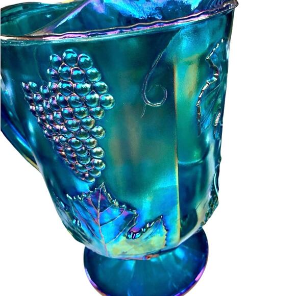 Vintage Indiana Glass Harvest Grape Blue Carnival Glass Pitcher & 8 Goblets - Picture 3 of 4